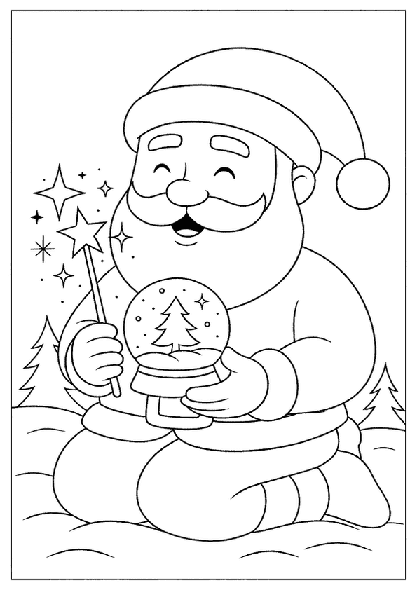 Santa holding a magic wand and snow globe beside a Christmas tree coloring page.