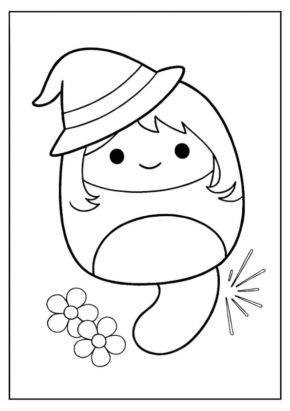 A magical witch Squishmallow coloring page, a ghost-like character wearing a hat.