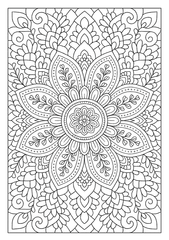 An elaborate and symmetrical mandala flower design with intricate details, a wonderful mandala adult coloring page.