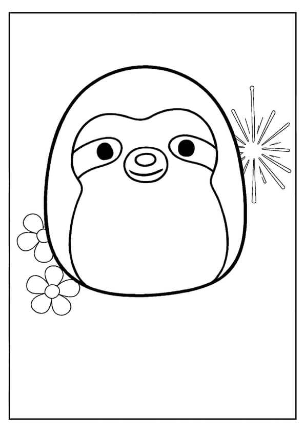 A smiling sloth Squishmallow coloring page, with its cute face and flowers.
