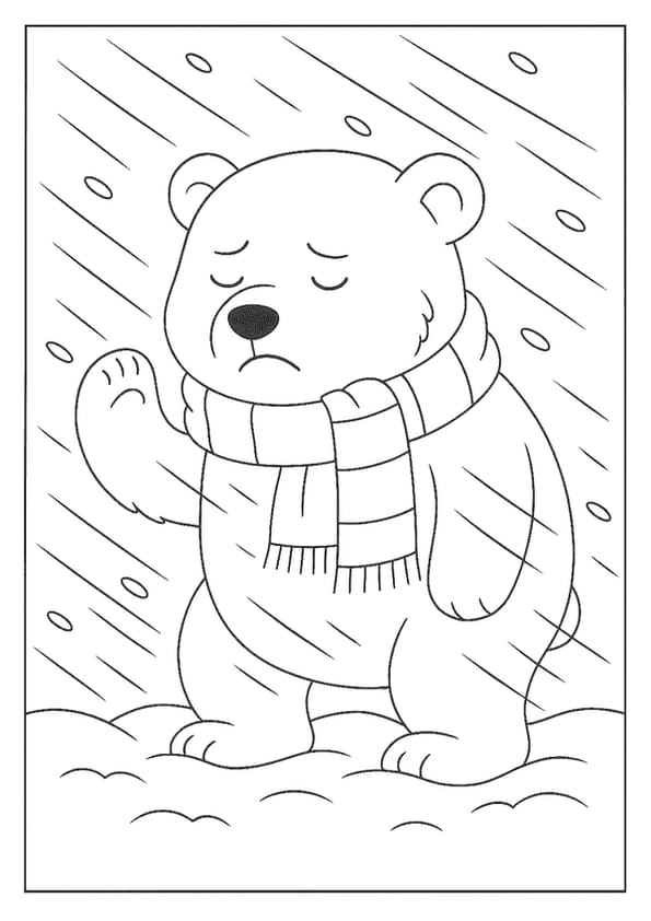A sad polar bear in a blizzard, wearing a scarf.