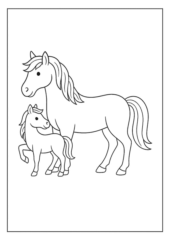 Simple horse outline page with a mare and her foal.