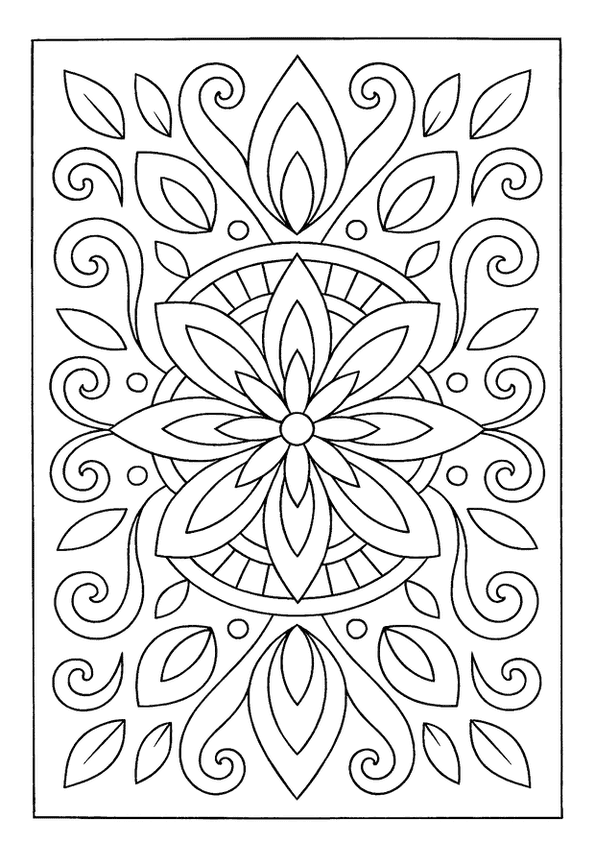 Nature pattern coloring page with large spiral ferns and flowers.