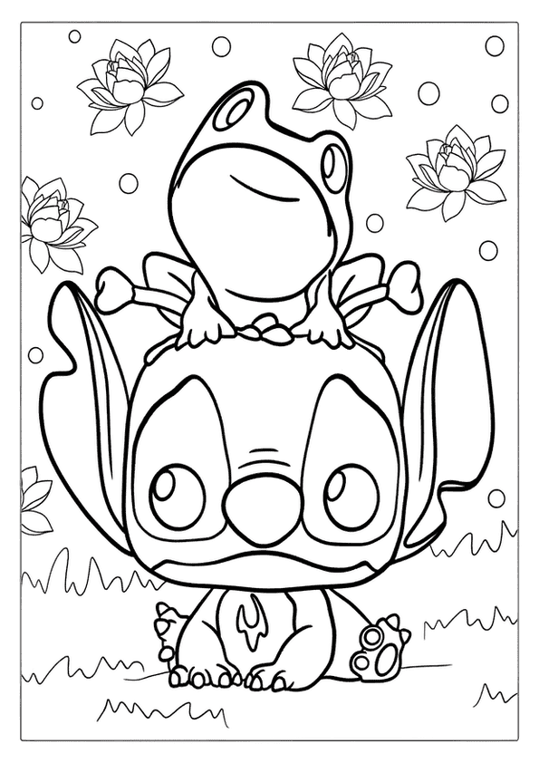 Adorable Stitch Sketch; He Looks Surprised By The Tiny Frog Resting On His Big, Floppy Blue Ears.