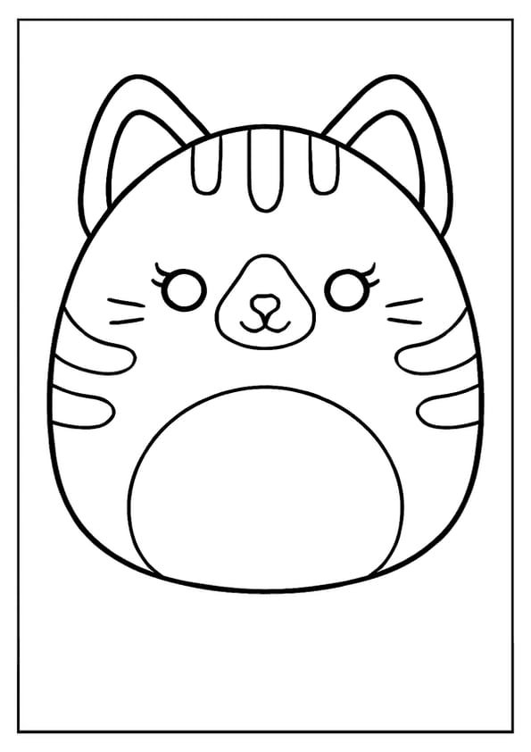 This Squishmallow coloring page features a striped cat face with long eyelashes and a cute nose.