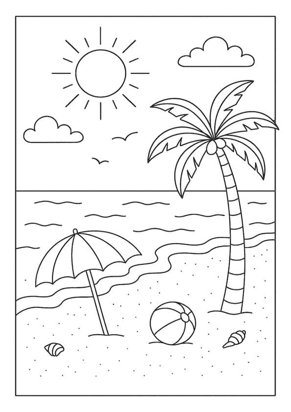 The coloring page depicts a sunny beach day with a palm tree, ocean waves, and a beach ball on the sand.