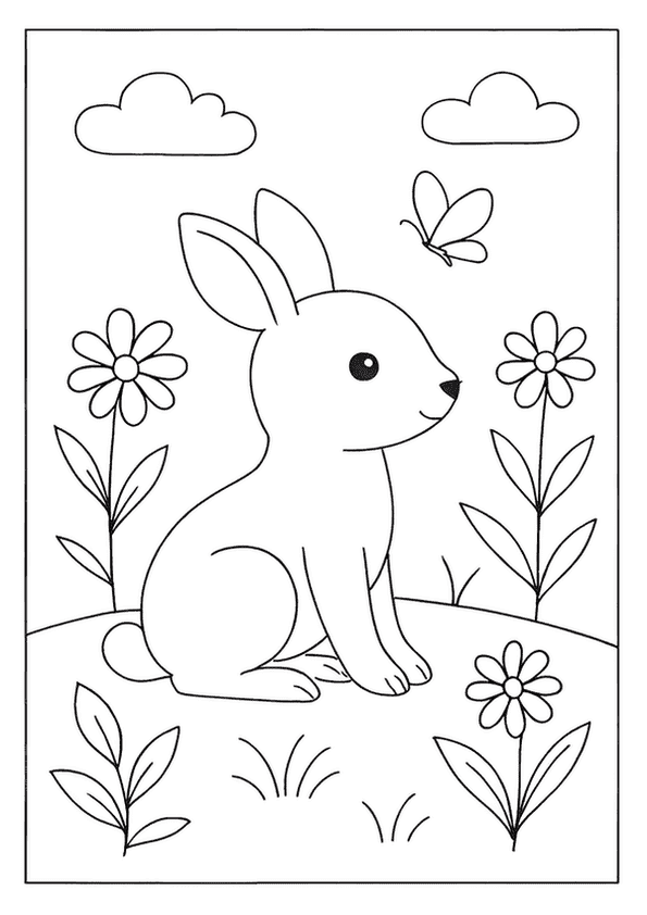 Cute bunny in a field of flowers with a butterfly, an adorable coloring sheet.