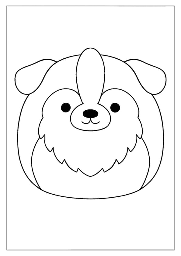 A sweet Squishmallow dog coloring page, a puppy with a fluffy ruff and floppy ears.