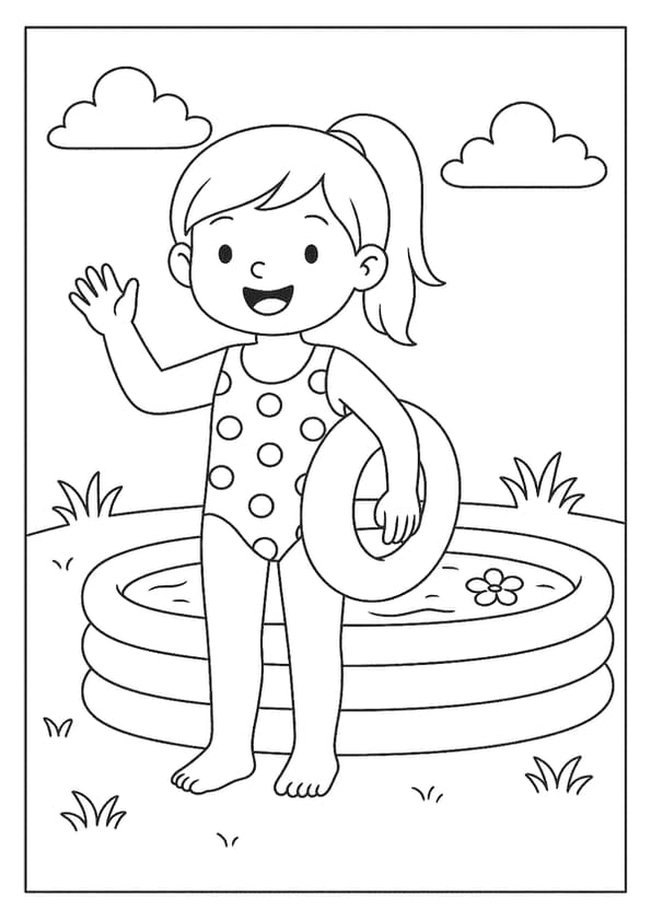 A cheerful girl in a polka-dot swimsuit with a swim ring, ready for a dip.