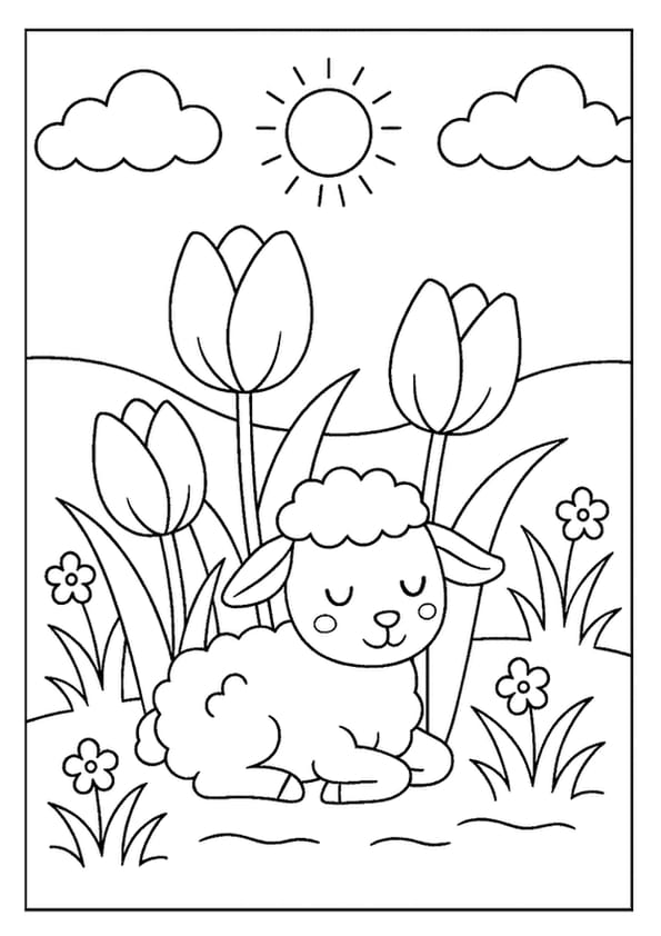 Tulips blooming with grace, an Easter coloring page with a sleeping lamb and spring flowers.