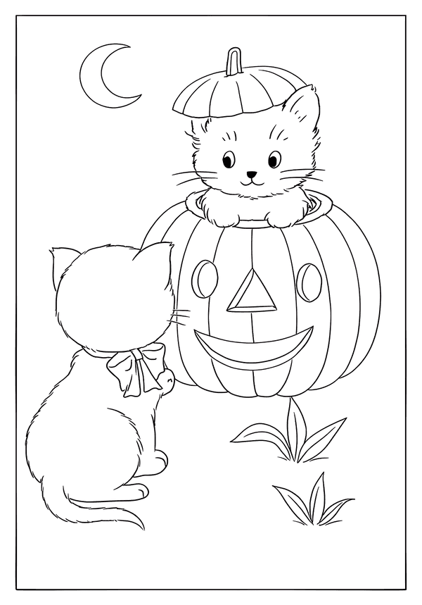 Printable Adorable Cats Pumpkin Halloween Coloring Sheet