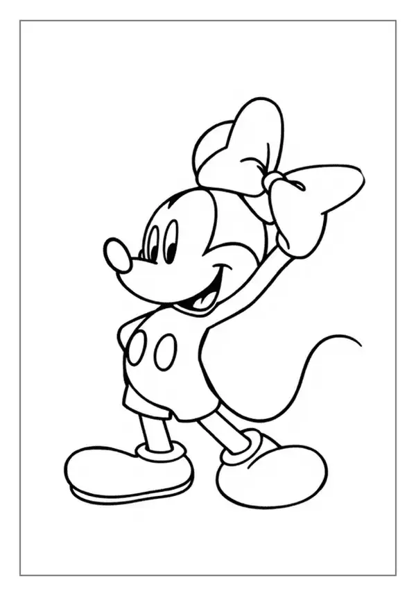 An Adorable Minnie Mouse Coloring Page. She Is Waving Happily With Her Hand Up. A Perfect Activity.