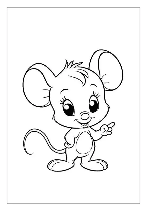 An Adorable Baby Mouse Cartoon Coloring Page. The Cute Mouse Is Pointing With A Smiling Face.