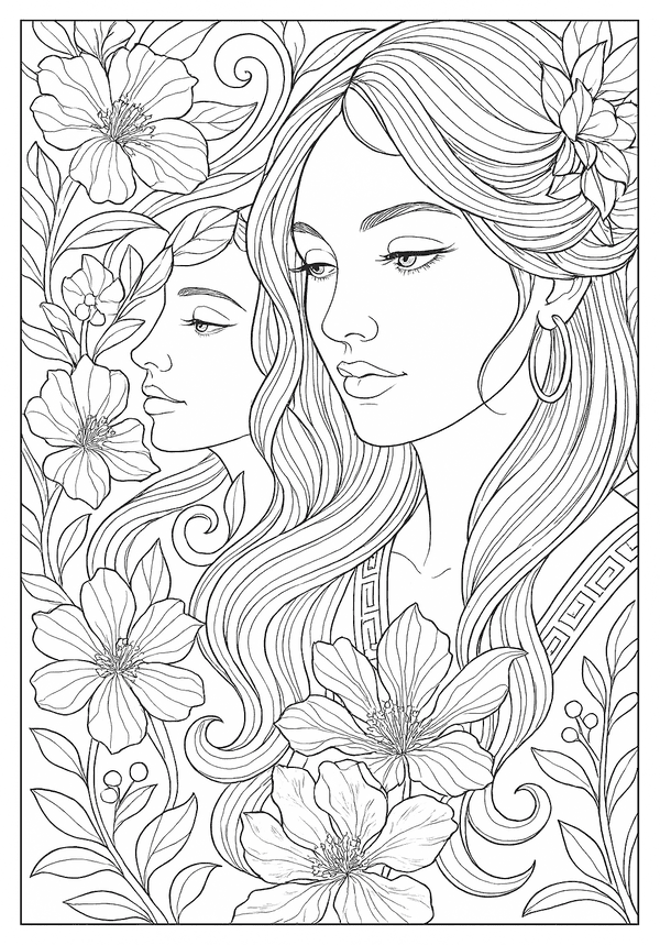 Adult Dual Beauty Illustration Free Printable Two women's faces within a detailed floral background, a lovely line art adult coloring page.