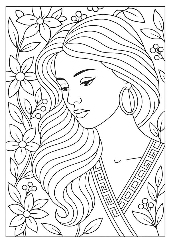 Adult Floral Beauty Illustration Free Printable A beautiful woman with long, flowing hair surrounded by flowers in an elegant adult coloring page.