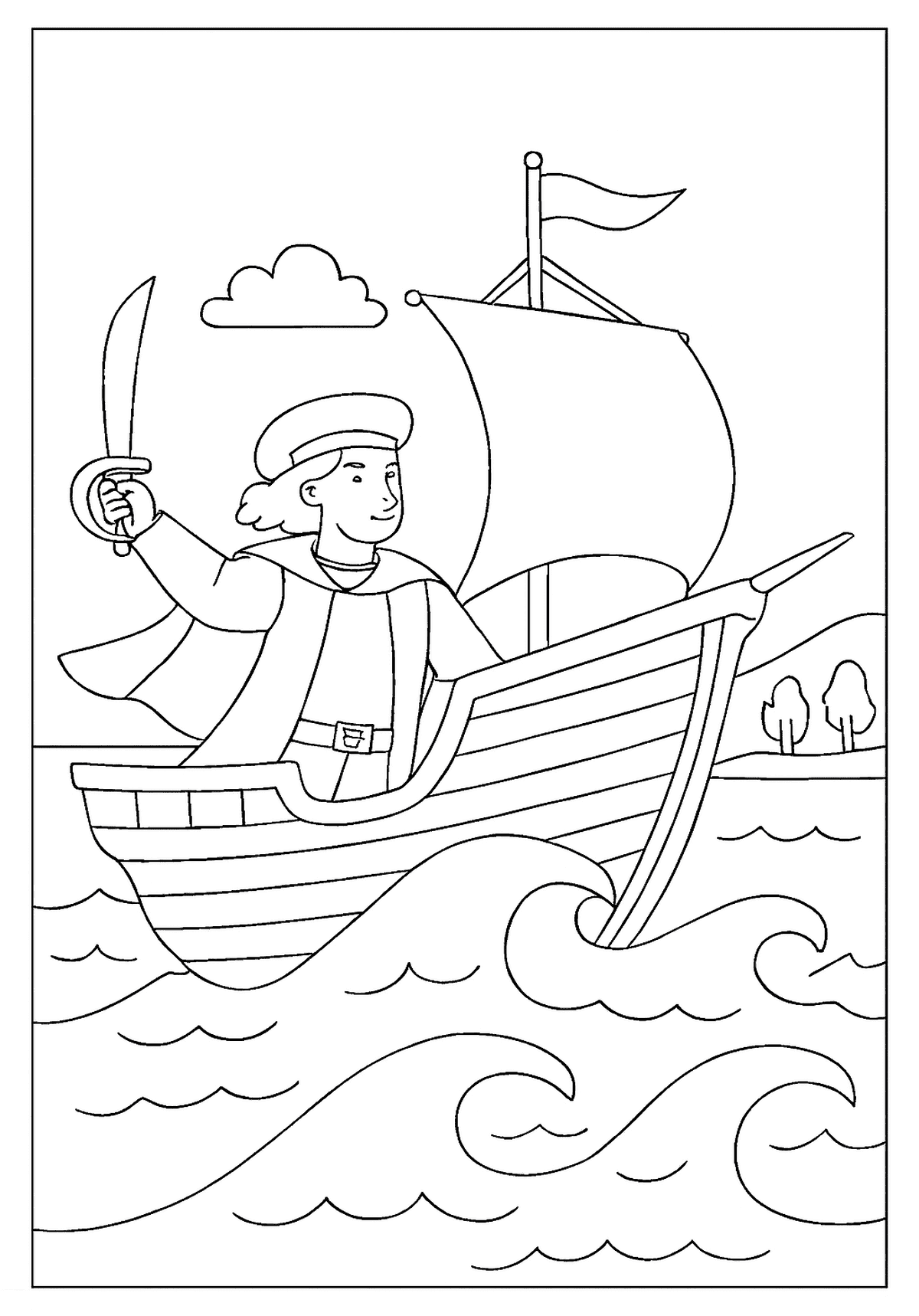 Smiling adventurer on a boat, holding a sword up high while sailing the waves, a pirate theme.