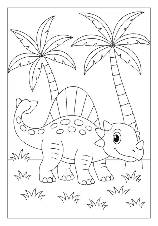 Cute Ankylosaurus Under Two Tall Palm Trees, A Fun Armored Dinosaur Coloring Page.