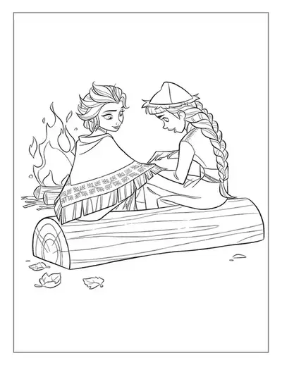 A Cozy Elsa And Anna Coloring Page Showing The Two Sisters Sitting Together On A Log By A Warm Campfire.