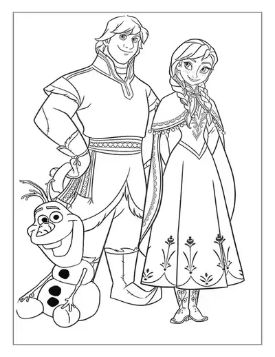 A Group Frozen Coloring Page Of Anna, Kristoff, And Their Friend Olaf Standing Together And Smiling Wide.