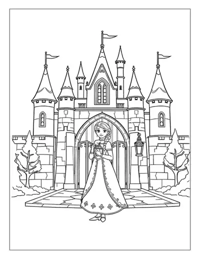 Anna Stands Smiling By The Royal Arendelle Castle, Holding A Wrapped Gift In This Printable Page.