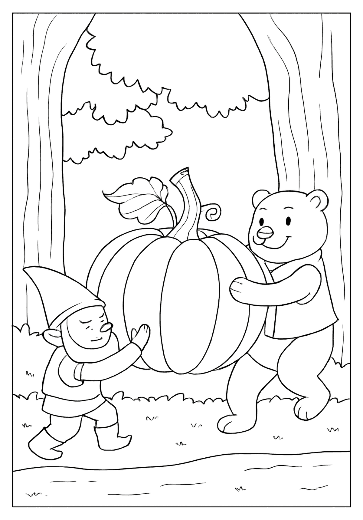 A cute bear and a garden gnome working together to push a giant pumpkin in the woods.
