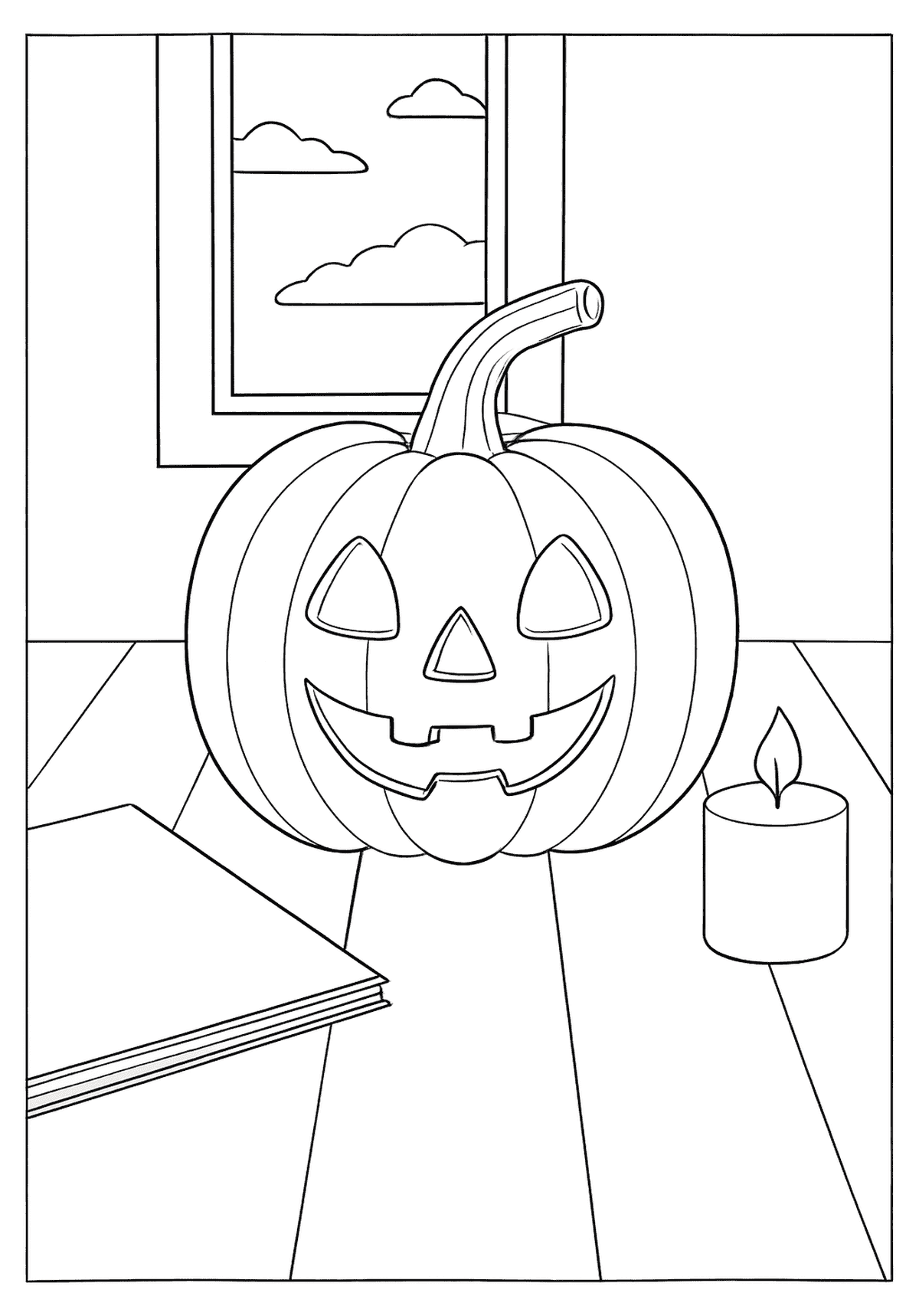  Happy pumpkin, burning candle, and stack of books on a wooden floor.