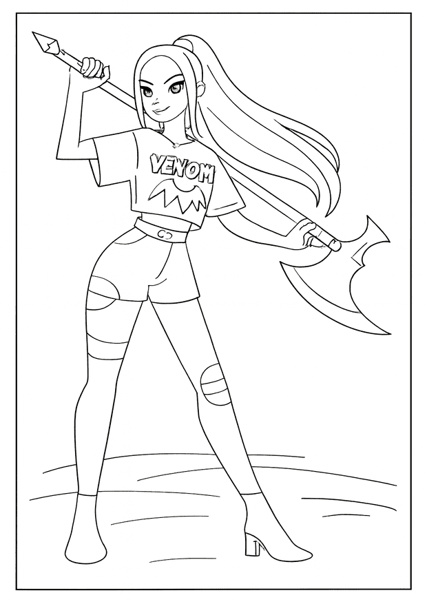 Girl holding a giant axe wearing a graphic tee in this Kpop Demon Hunter coloring sheet.