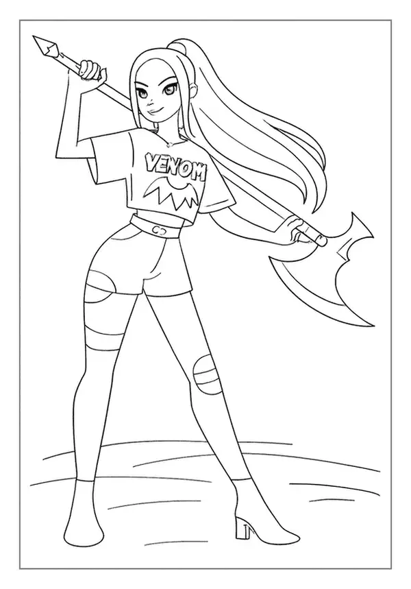 Girl holding a giant axe wearing a graphic tee in this Kpop Demon Hunter coloring sheet.