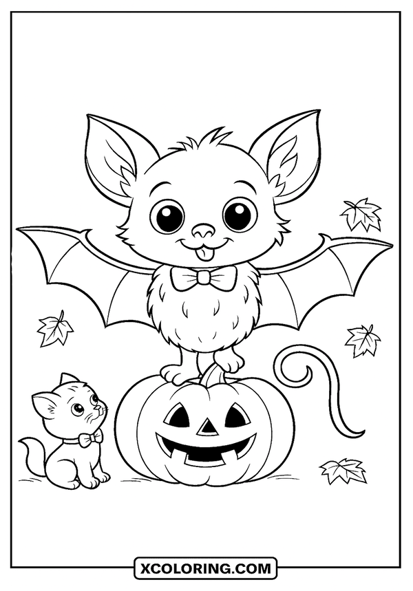 Bat Pumpkin Kitten Scene coloring page