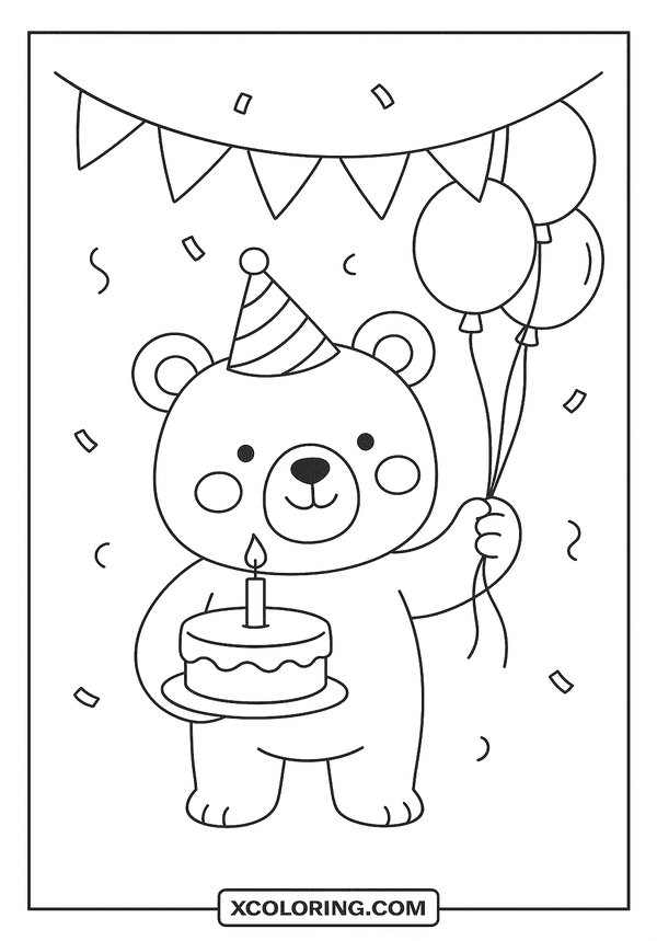 Birthday Bear with Balloons coloring sheet