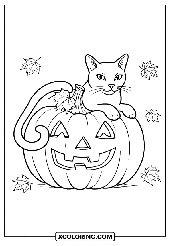 Black Cat Pumpkin Scene coloring sheet