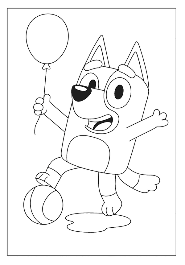 Bluey Coloring Page For Boys And Girls Preschool Handout Bluey Coloring Page For Boys And Girls showing Bluey playfully kicking a ball while holding a balloon.