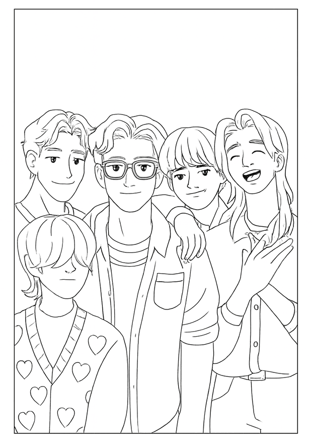 Group of smiling boys taking a close-up selfie in a Kpop Demon Hunter coloring page.