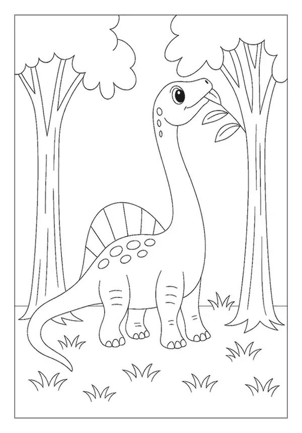 Friendly Brachiosaurus Stretching Its Long Neck To Eat Leaves, A Peaceful Dinosaur Coloring Page.