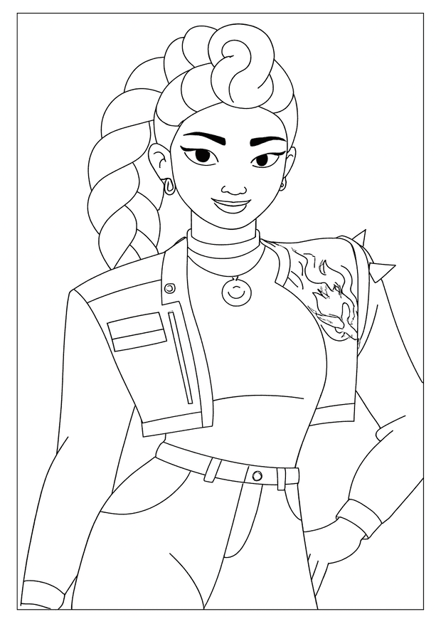 Stylish girl with braids in Kpop Demon Hunters coloring sheet wearing a detailed cool jacket.