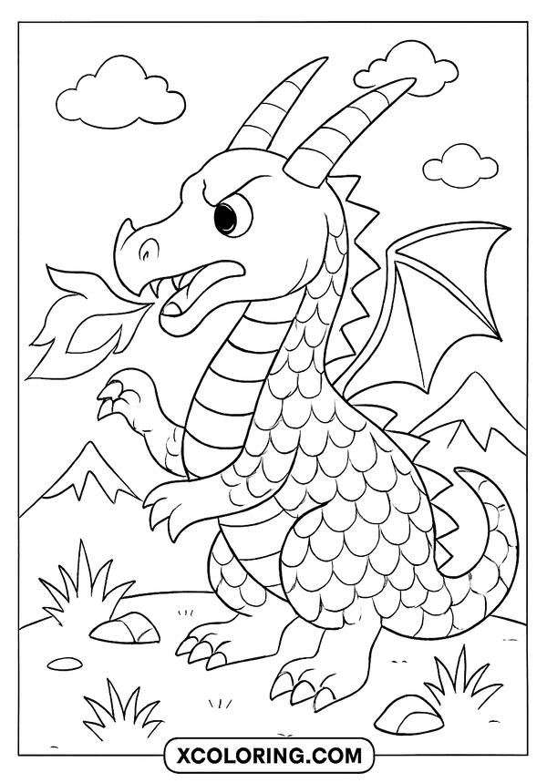 Brave Fire Dragon Scene coloring sheet