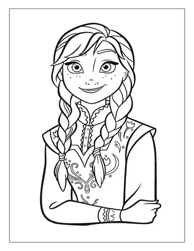 A Detailed Frozen Coloring Page Showing A Close-up Portrait Of Princess Anna, Who Is Smiling Happily.