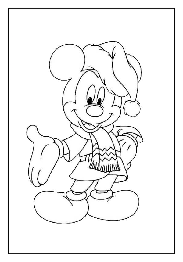 Mickey Mouse Coloring Page, dressed in a warm hat and scarf for Christmas and winter fun.