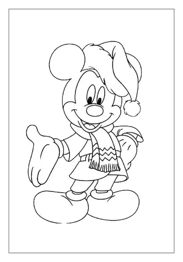A Mickey Mouse Coloring Page. He Is Dressed In A Warm Hat And Scarf For Christmas And Winter Fun.