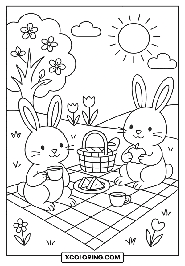 Bunny Picnic in Spring coloring page