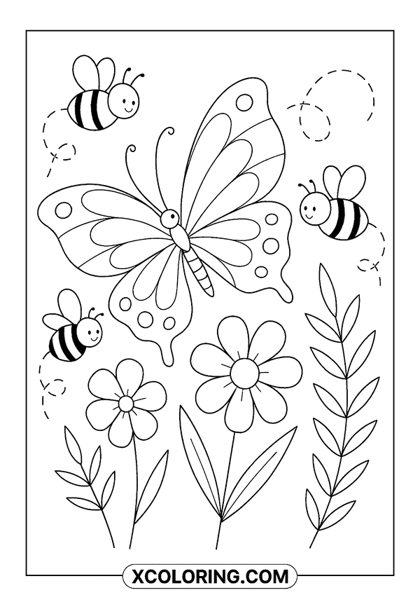 Butterfly Dancing With Bees coloring sheet