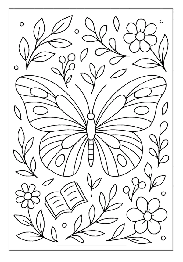 Butterfly Wings Nature Pattern Free Printable A detailed butterfly with widespread wings, surrounded by flowers, leaves, and a book; a lovely adult coloring page.