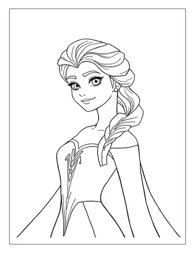 An Elsa Coloring Page With A Simple Portrait Of The Snow Queen, Her Hair In A Long Braid, Smiling Warmly.