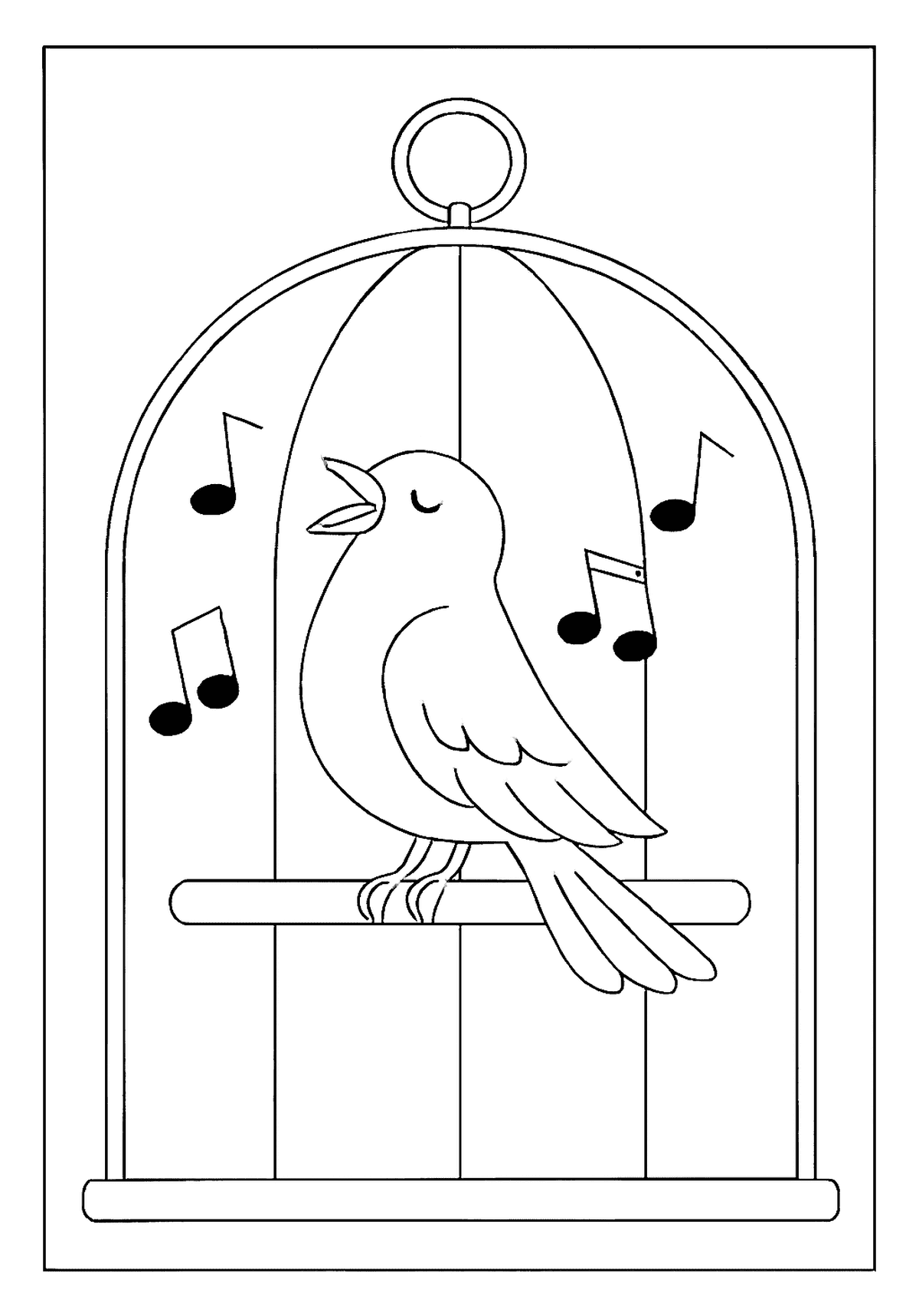 Canary Singing In Cage High-Quality Print A happy canary bird coloring page singing with music notes inside a decorative cage.