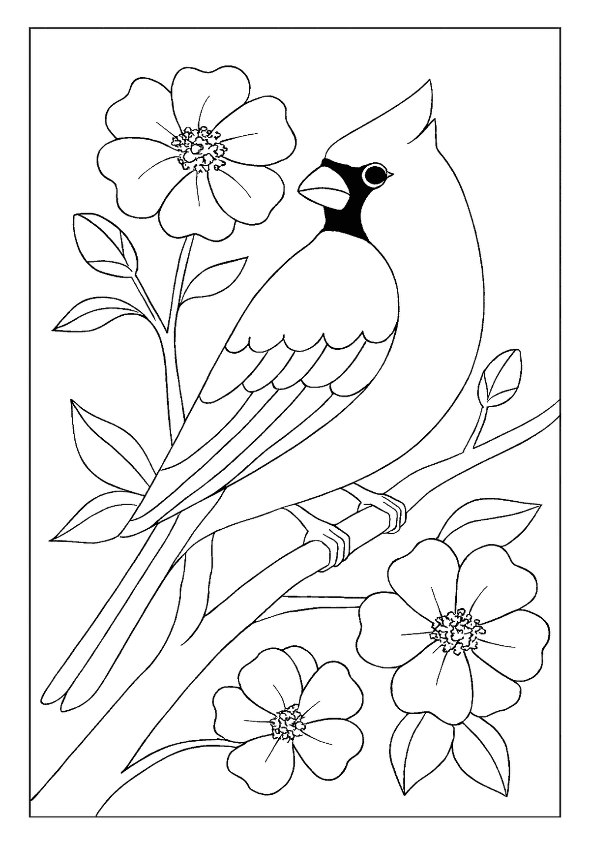 Cardinal By Red Flowers Activity Sheet Cardinal bird coloring page perched on a branch surrounded by blooming flowers.