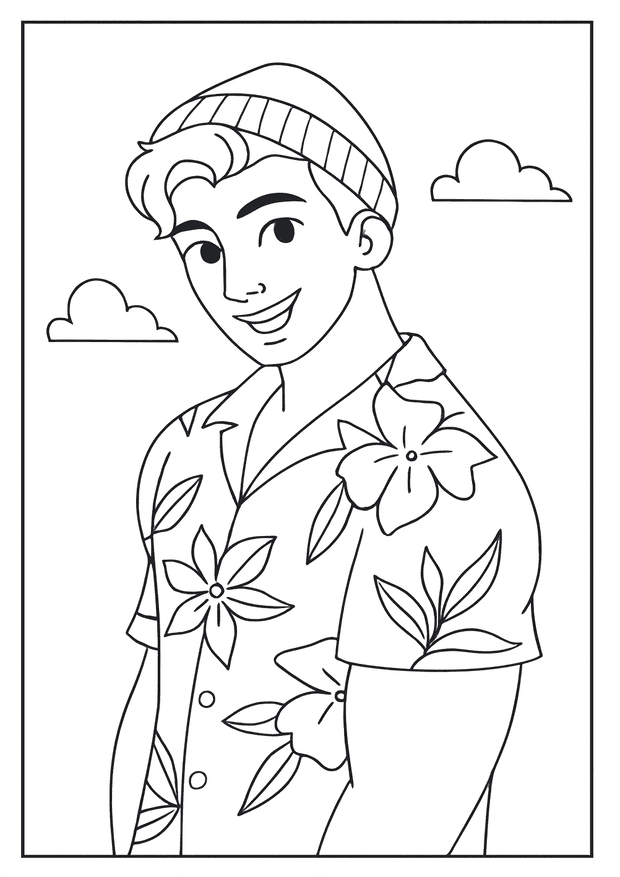 Smiling boy wearing a floral shirt and beanie in a relaxed Kpop Demon Hunter coloring page.