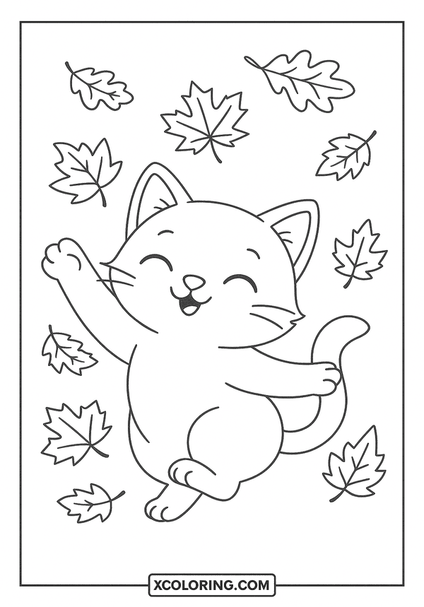 Cat Playing with Leaves coloring page