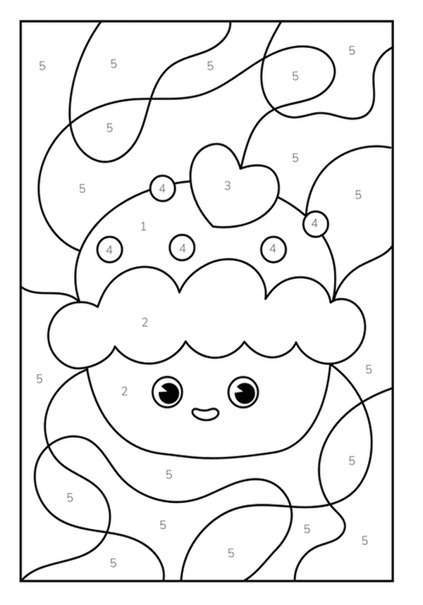 Happy cupcake with a smiling face and a heart on top, a color by number Coloring Page.