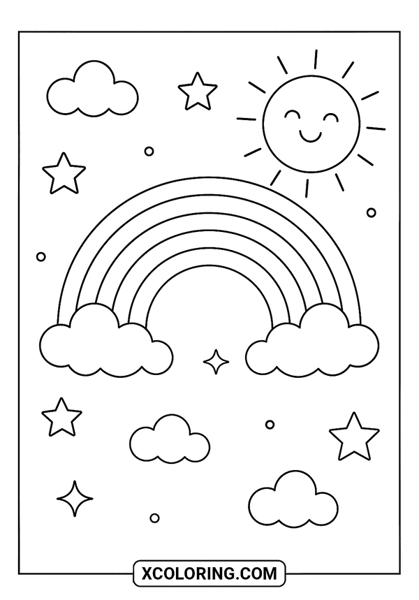 Cheerful Rainbow Sky Scene coloring sheet