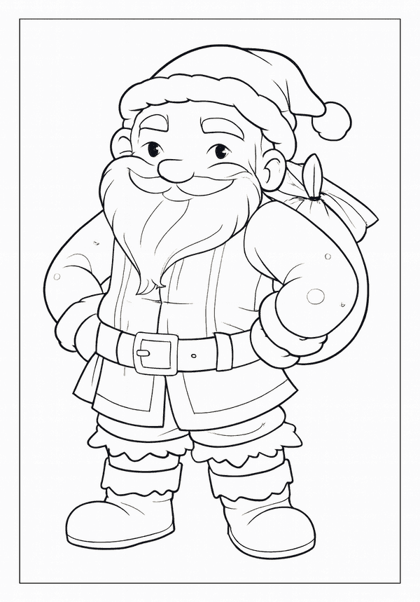 Happy cartoon Santa Claus with his hands on his hips, wearing his suit and carrying a small sack.